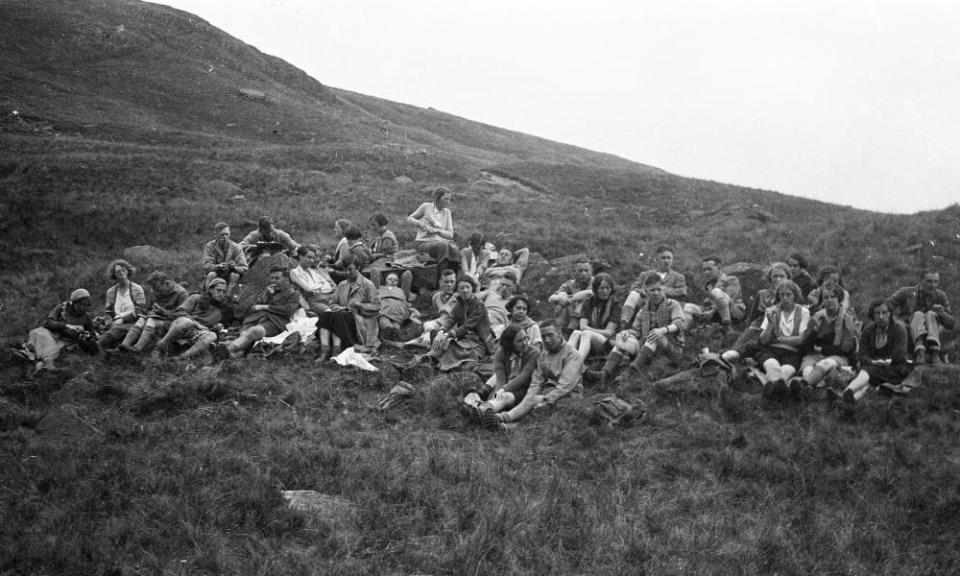 Ramblers resting on Kinder Scout hills in Derbyshire 1932