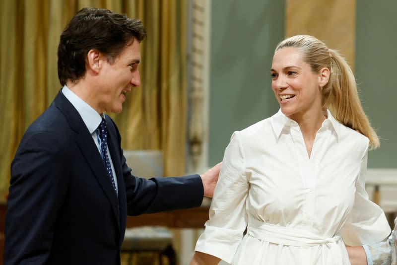 Canada's Prime Minister Justin Trudeau stands with Pascale St-Onge, during a cabinet shuffle where St-Onge is sworn in as Canada’s Minister of Heritage, at Rideau Hall, in Ottawa