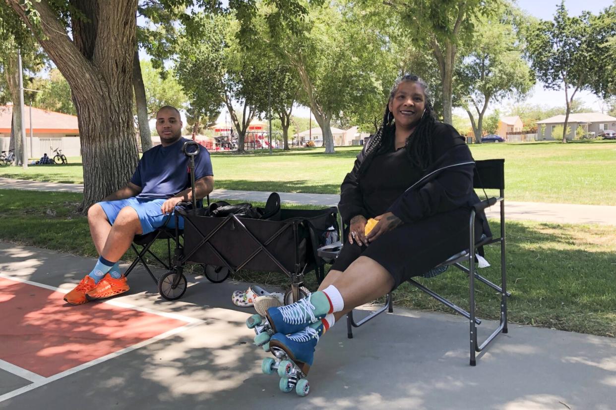 Kimela Ezechukwu sits to rest after roller skating.