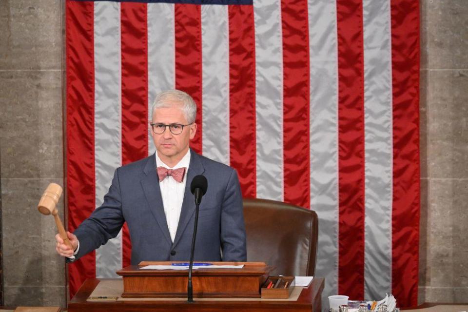 Speaker Pro Tempore Patrick McHenry holds the gavel prior to a vote inside the House chamber on Oct. 18, 2023. / Credit: MANDEL NGAN/AFP via Getty Images
