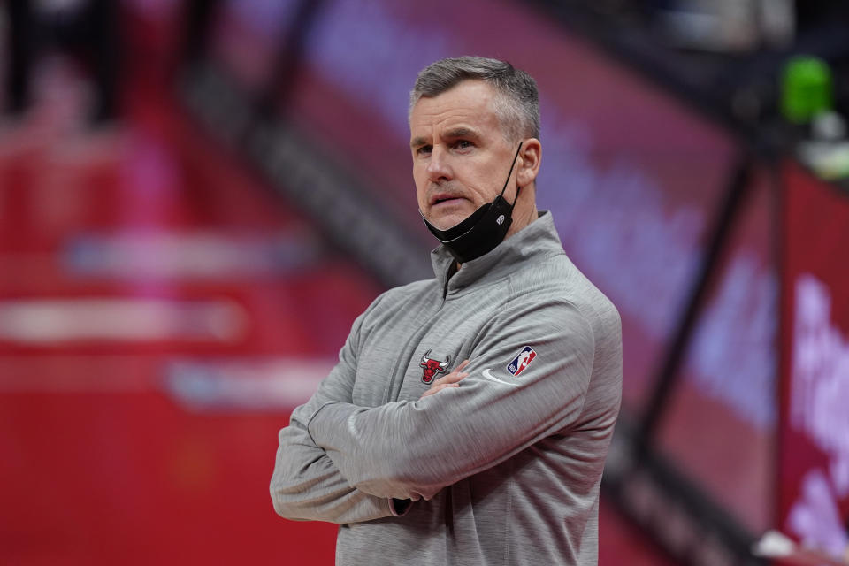 Chicago Bulls head coach Billy Donovan watches from the sideline during the first half of an NBA basketball game against the Detroit Pistons, Sunday, May 9, 2021, in Detroit. (AP Photo/Carlos Osorio)