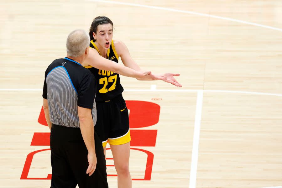 Iowa Hawkeyes guard Caitlin Clark (22) questions a referees call during a game against the Ohio State Buckeyes on January 21, 2024, at Value City Arena in Columbus, Ohio. (Photo by Brian Spurlock/Icon Sportswire via Getty Images)