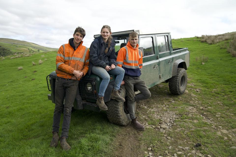 Reuben, Sarah, Tommy on landrover in field Reuben: Life in the Dales (Channel 5)