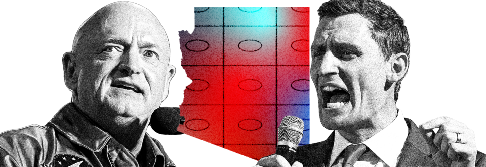 An outline of the state of Arizona with rows and columns of ballot bubbles with Mark Kelly and Blake Masters on either side of them