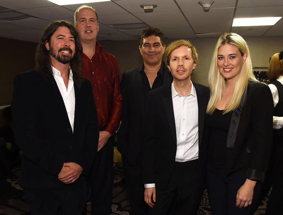 BEVERLY HILLS, CA - FEBRUARY 14:  (L-R) Musicians  Dave Grohl, Krist Novoselic, Pat Smear, Beck and guest attend the 2016 Pre-GRAMMY Gala and Salute to Industry Icons honoring Irving Azoff at The Beverly Hilton Hotel on February 14, 2016 in Beverly Hills, California.  (Photo by Larry Busacca/Getty Images for NARAS)