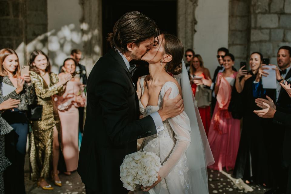 The Bride Wore Feathers for Her Civil Ceremony in London, and a Dress Embroidered With Peonies to Her Micro-Wedding in Portugal