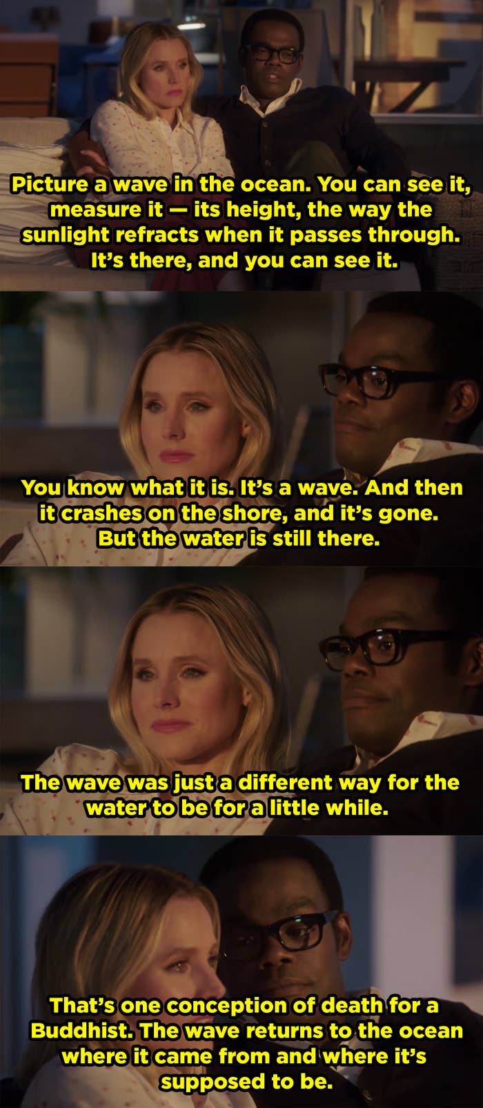 Chidi tells Eleanor about how a wave is only a wave for a little while, but its always water and once the wave crashes it goes back to the ocean, where it's supposed to be. He relates that to the Buddhist conception of death.