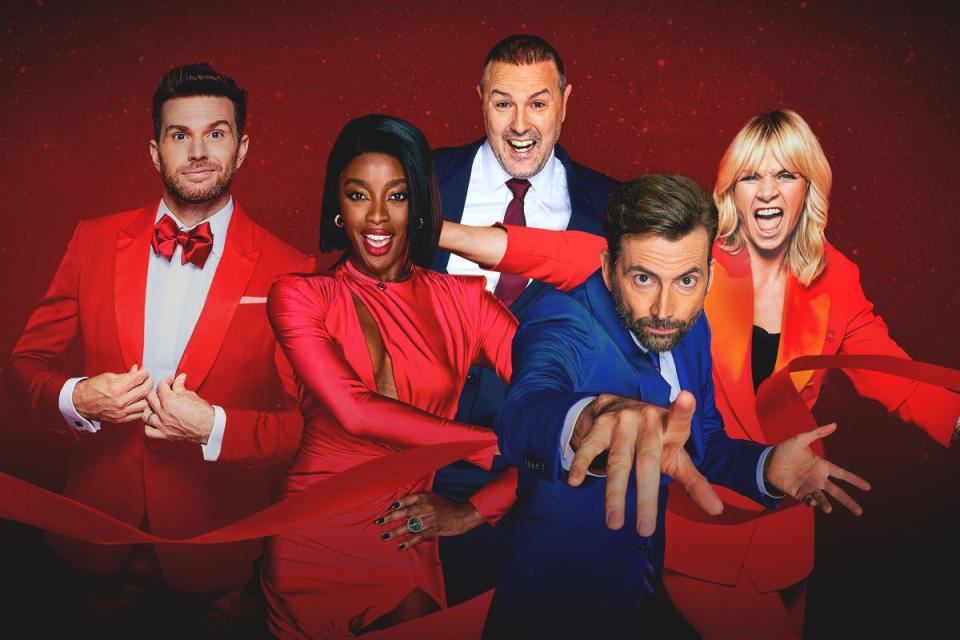 Comic Relief 2023 presenters from left, Joel Dommett, AJ Odudu, Paddy McGuinness, David Tennant and Zoe Ball (PA Media)