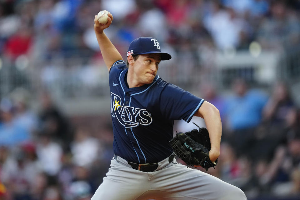 Tampa Bay Rays relief pitcher Kevin Kelly works in the third inning of a baseball game against the Atlanta Braves Friday, June 14, 2024, in Atlanta. (AP Photo/John Bazemore)