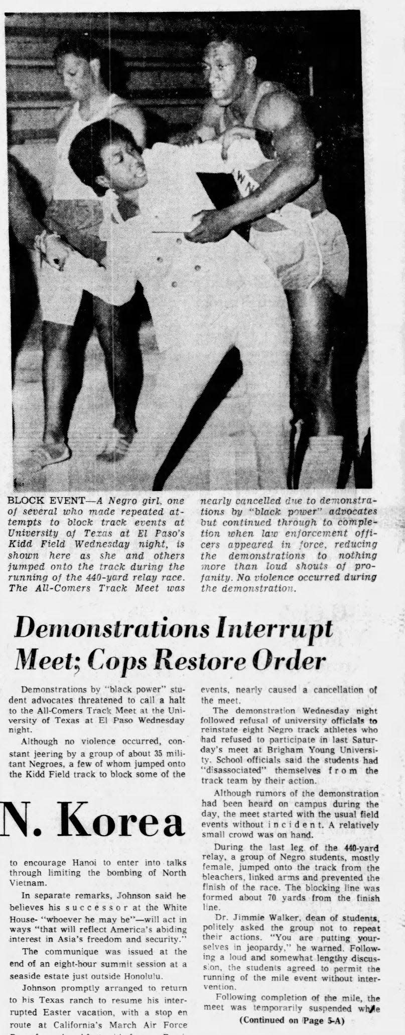 April 18, 1968: Demonstrations by Black Power students advocates threatened to call a halt to the All-Comers Track Meet at the University of Texas at El Paso.
