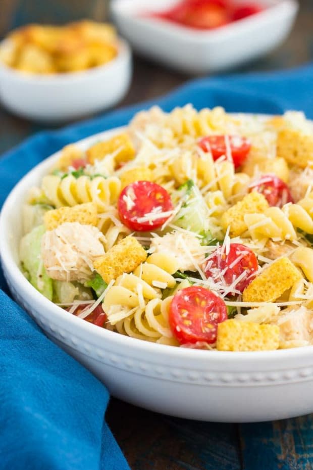<p><strong>Get the recipe:<a href="https://www.pumpkinnspice.com/chicken-caesar-pasta-salad/" rel="nofollow noopener" target="_blank" data-ylk="slk:Chicken Caesar Pasta Salad;elm:context_link;itc:0;sec:content-canvas" class="link "> Chicken Caesar Pasta Salad</a></strong></p><p>Pumpkin 'n Spice</p>