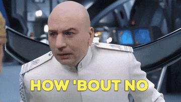 A bald man in a white suit saying "How 'bout no" with a serious expression