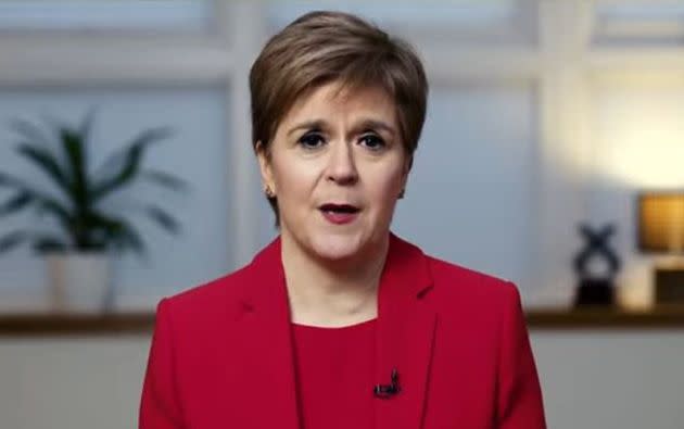 First minister and Scottish National Party leader Nicola Sturgeon delivers the keynote address via videolink at her party's