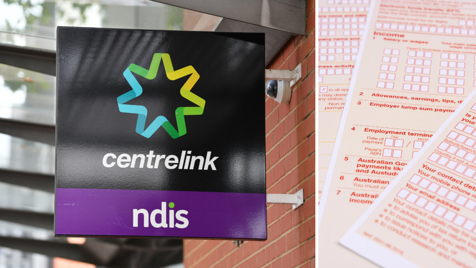 A composite image of a Centrelink sign with logo and tax return forms.