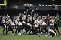 Tampa Bay Buccaneers kicker Ryan Succop (3) kicks a field goal against the New Orleans Saints during the first half of an NFL divisional round playoff football game, Sunday, Jan. 17, 2021, in New Orleans. (AP Photo/Butch Dill)