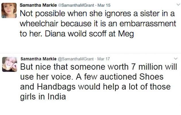 Samantha, who is wheelchair bound after her battle with multiple sclerosis, hit out at Meghan in a series of tweets. Photo: Twitter