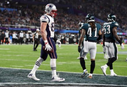 FILE PHOTO: NFL Football - Philadelphia Eagles v New England Patriots - Super Bowl LII - U.S. Bank Stadium, Minneapolis, Minnesota, U.S. - February 4, 2018. New England Patriots' Rob Gronkowski celebrates scoring a touchdown. REUTERS/Chris Wattie