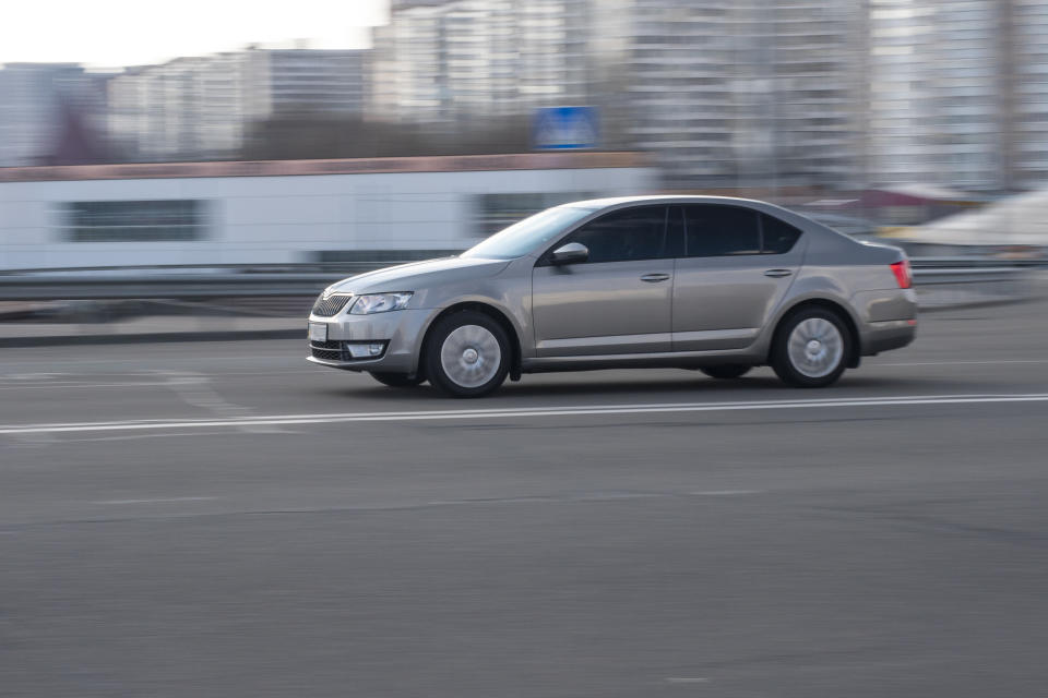 Ukraine, Kyiv - 21 March 2021: Silver Skoda Octavia car moving on the street. Editorial