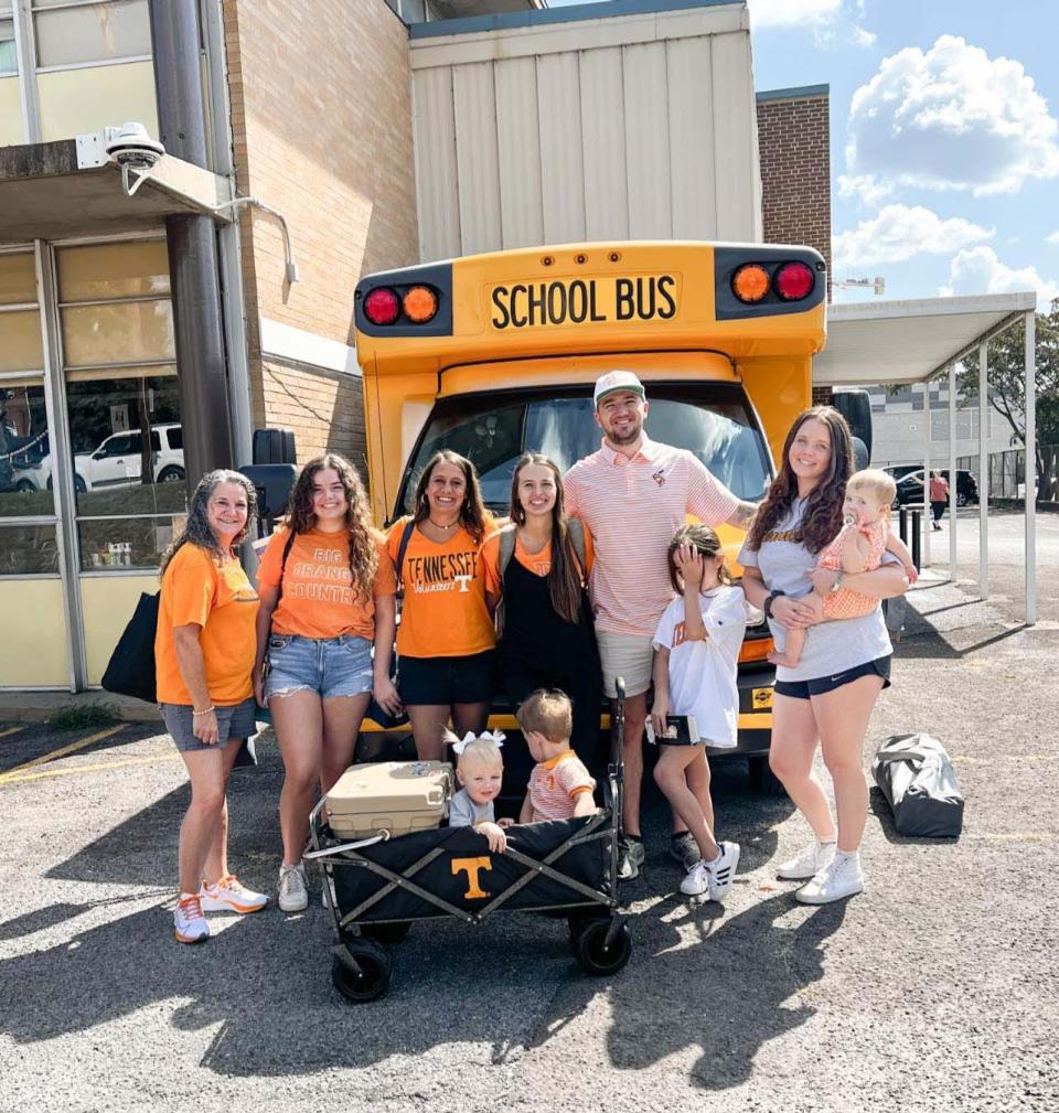 Jacob Sims, owner of Sims Bus Lines/Hensley Bus Lines, and family tailgate for the Tennessee-South Carolina game Oct. 2, 2023, at Fort Sanders Educational Developmental Center. In front are Ophelia Sims and Denver Sims; back, Cindy Christian, Sierra Christian, Kelly Smith, Jessie Sims, Jacob Sims, Emma Sims, Savannah Wright, and River Wright.