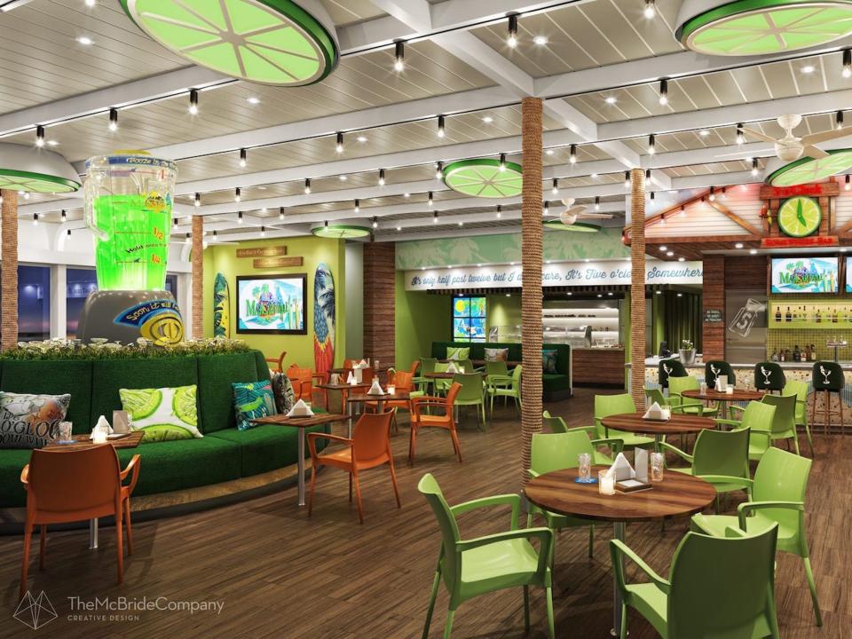 A rendering of the 5 o'Clock Somehwere Bar aboard the Margaritaville Paradise with tropical decor.