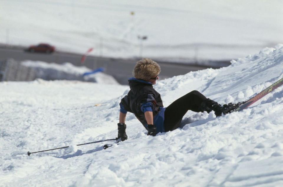 <p>Skiing is hard. Princess Diana takes a tumble while hitting the slopes in Lech, Austria. </p>