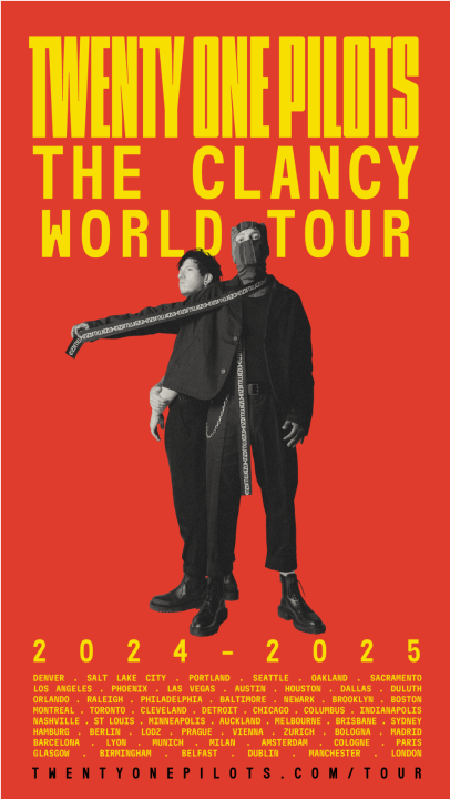 Twenty One Pilots is embarking on The Clancy World Tour, which is the duo's "biggest headline tour ever," according to a press release. They are making nearly 60 stops across North America, Europe, the United Kingdom, New Zealand and Australia. (Courtesy: Postfontaine/Live Nation)