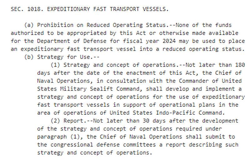 The full test of the section on the Navy's Spearhead class ships from the version of the Fiscal Year 24 NDAA that House of Representatives passed in July. <em>US Congress</em>