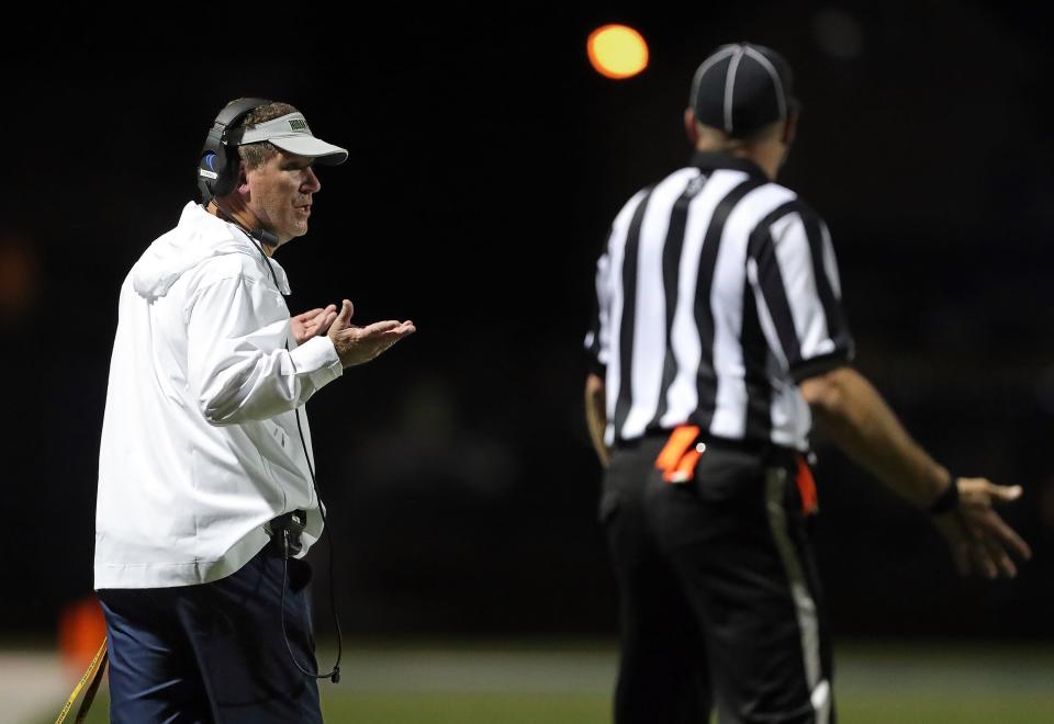 Hoban football coach Tim Tyrrell reacts on the sideline during the second half of a high school football game, Friday, Oct. 6, 2023, in Akron, Ohio.