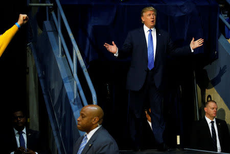 Republican U.S. presidential nominee Donald Trump arrives for a campaign rally in Johnstown, Pennsylvania, U.S. October 21, 2016. REUTERS/Jonathan Ernst