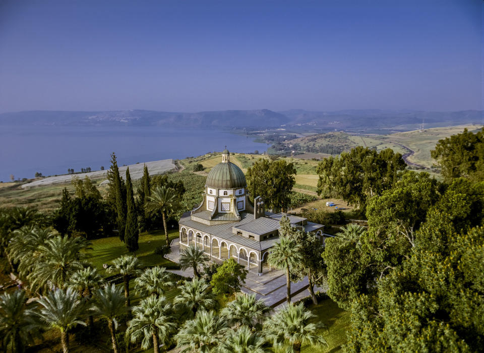 An aerial view of the  Church of the Beatitudes by the Sea of Galilee near Capernaum, the traditional site where Jesus gave his Sermon on the Mount as told in the New Testament.
