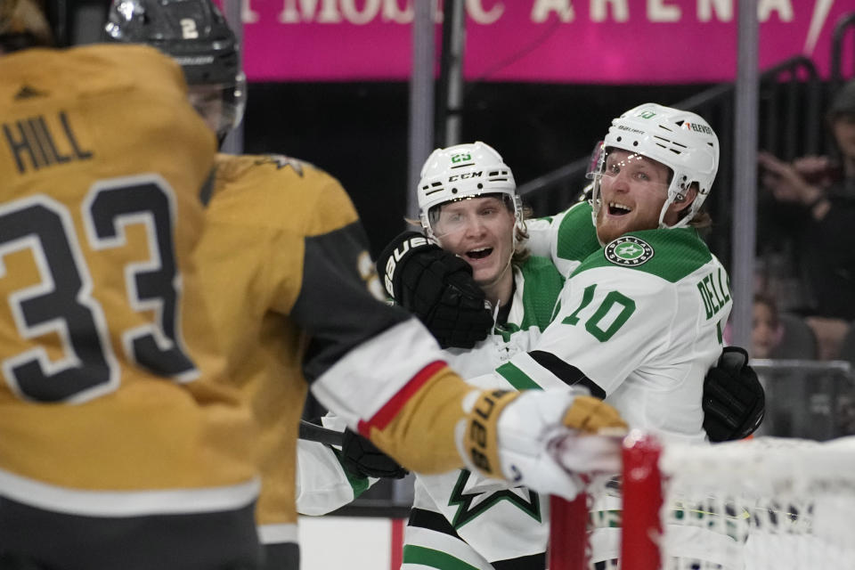 Dallas Stars center Ty Dellandrea (10) celebrates after scoring his second goal of the period against the Vegas Golden Knights during the third period of Game 5 of the NHL hockey Stanley Cup Western Conference finals Saturday, May 27, 2023, in Las Vegas. (AP Photo/John Locher)