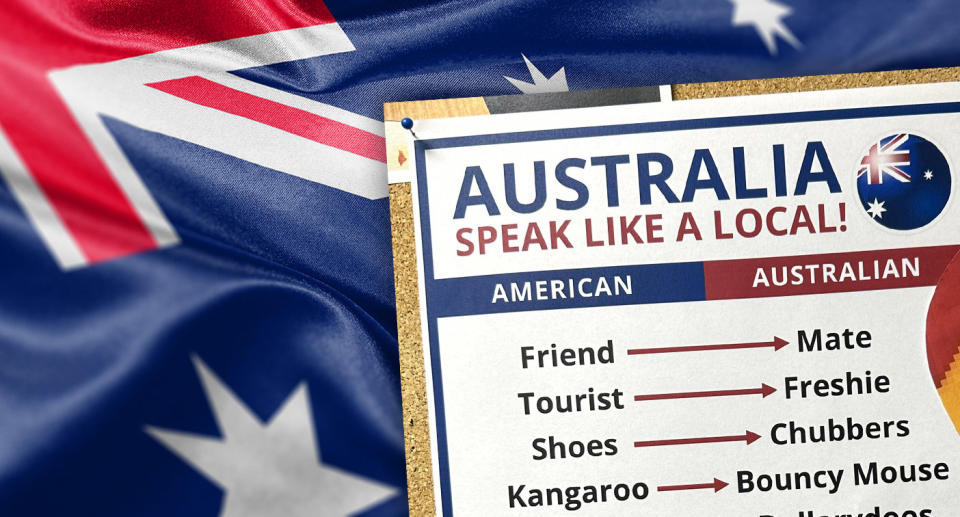 Aussie slang word list over an Australian flag