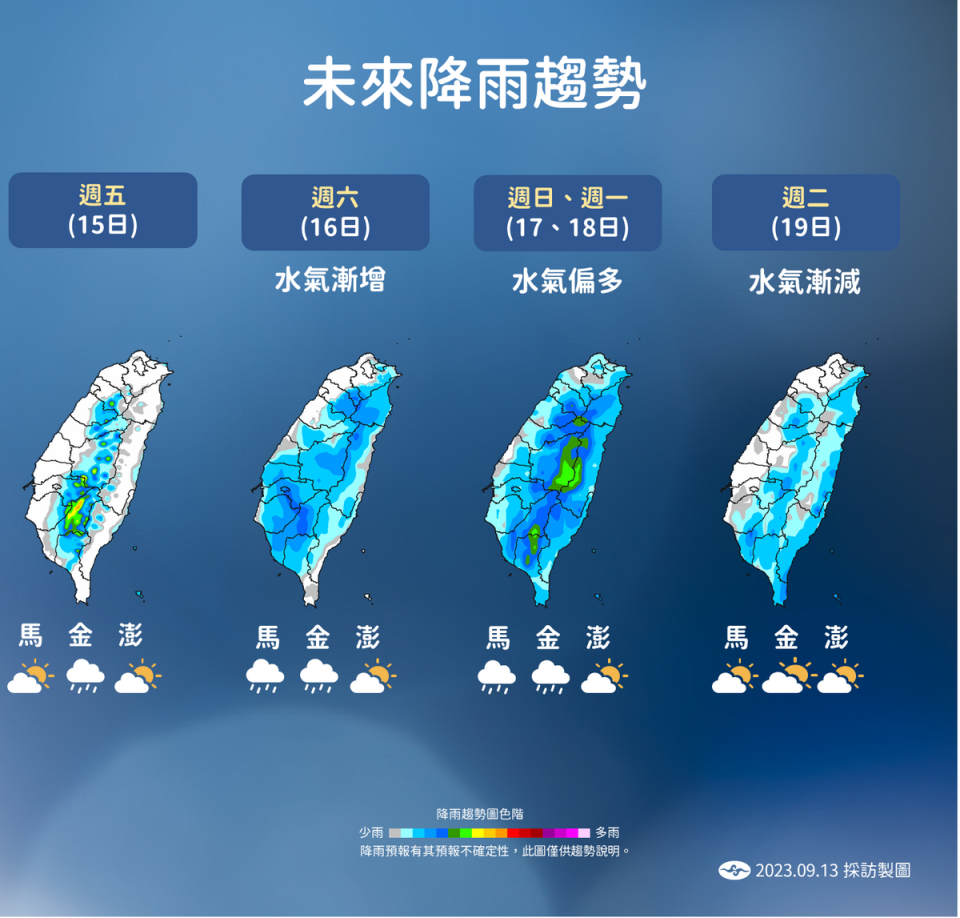 未來降雨趨勢圖。   圖：中央氣象局／提供
