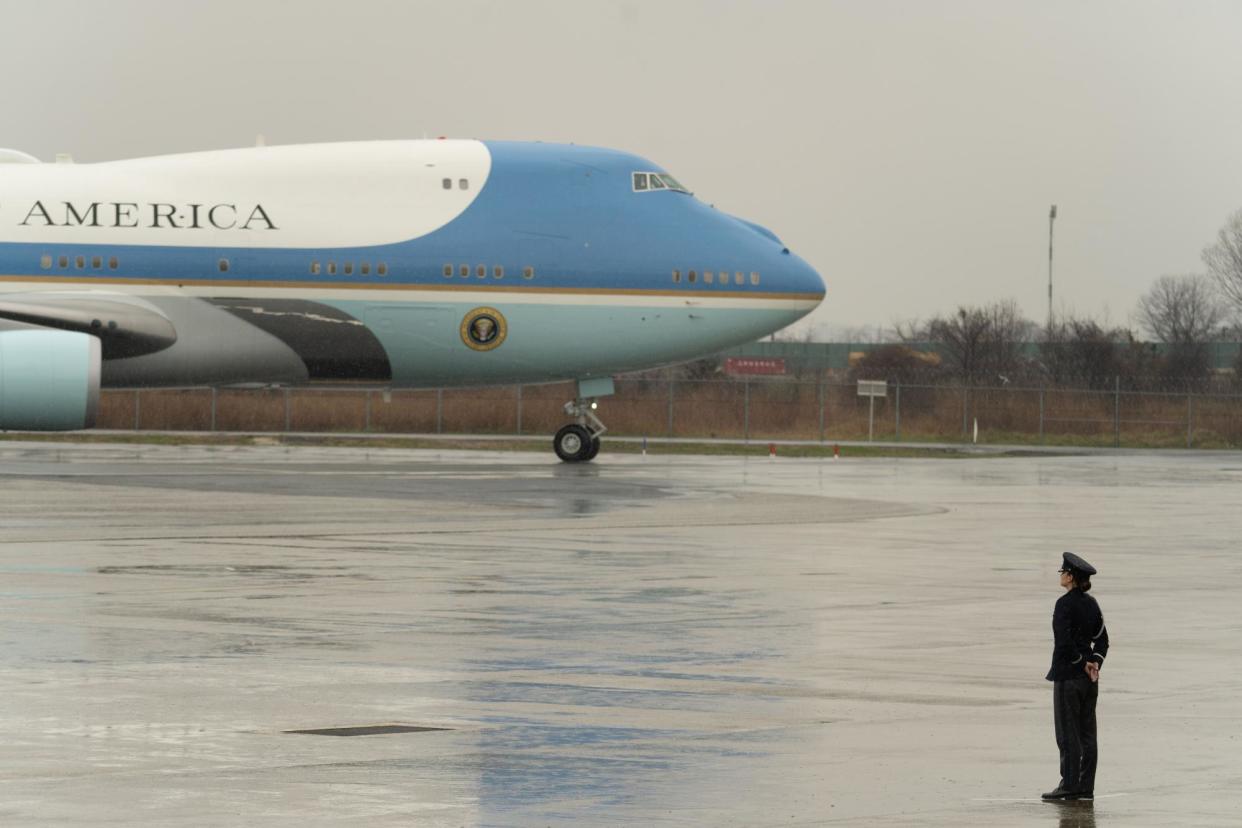 <span>Air Force One upon its arrival at JFK international airport in New York on Thursday.</span><span>Photograph: Derek French/Rex/Shutterstock</span>