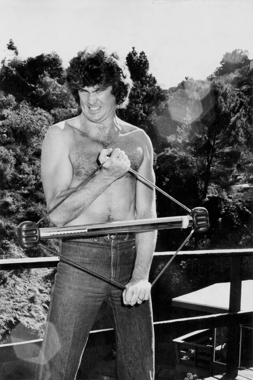 <p>David Hasselhoff jokingly practicing body building exercises, at his home in the Hollywood Hills in 1979.</p>
