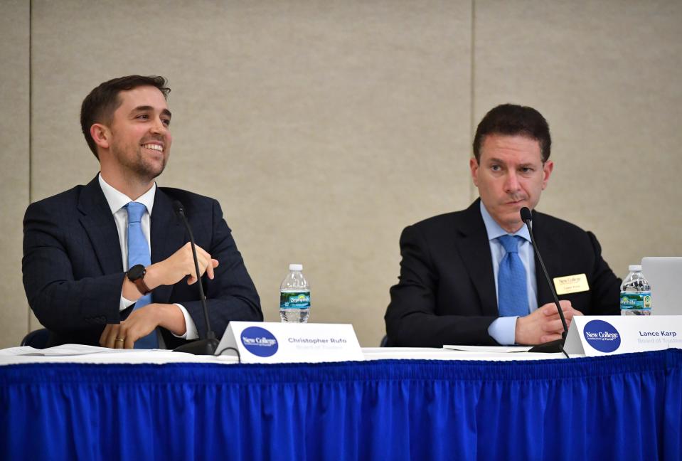 Recently appointed New College of Florida trustee Christopher Rufo, left,  appears to amused by remarks during the public comments at the New College of Florida board of trustees meeting Tuesday evening in Sarasota.  Trustee Lance Karp, right, does not appear to think the remarks were funny.