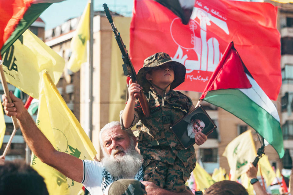 Thousands gathered Friday at four places in Beirut to watch Hezbollah leader Hassan Nasrallah speak by video from an undisclosed location. (Dean Taylor / NBC News)