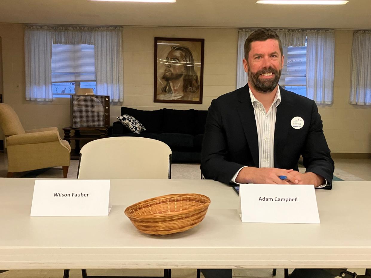 Adam Campbell at a candidate forum during the 2023 election.