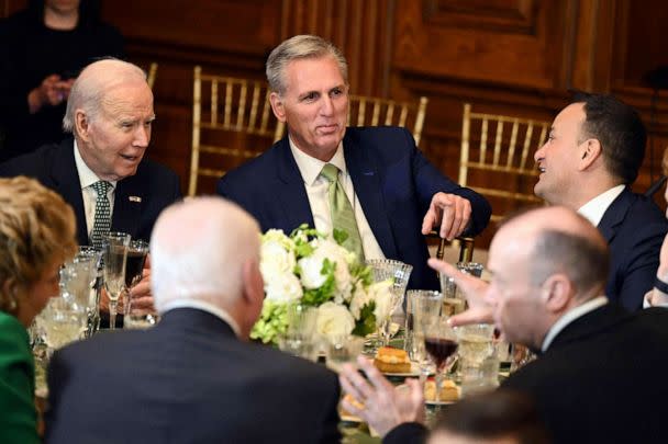 PHOTO: President Joe Biden, Speaker of the House Kevin McCarthy, and Irish Taoiseach Leo Varadkar attend the annual Friends of Ireland luncheon on St. Patrick's Day at the US Capitol in Washington, DC, March 17, 2023. (Andrew Caballero-reynolds/AFP via Getty Images)