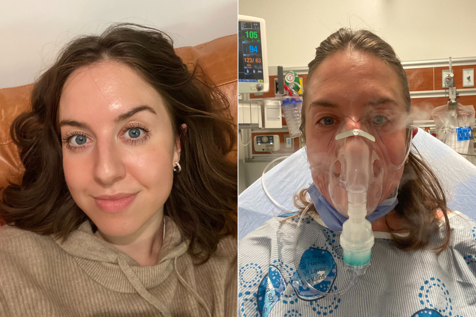 brunette woman taking selfie and woman in hospital bed with oxygen mask with anaphylaxis from lupin peanuts