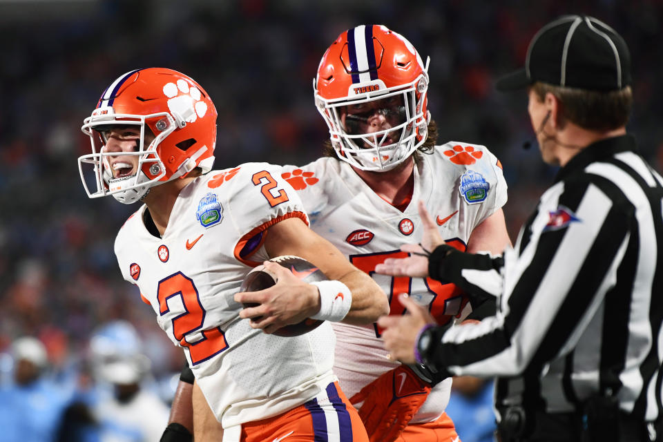 Clemson quarterback Cade Klubnik (2) celebrates a touchdown against North Carolina during the ACC championship game at Bank of America Stadium on December 03, 2022 in Charlotte, North Carolina. (Photo by Eakin Howard/Getty Images)