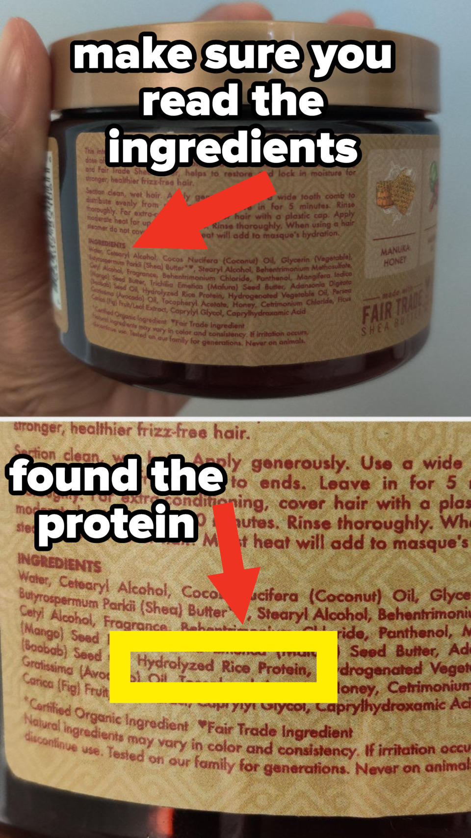 closeup of a hair product with an arrow around the boxed area where protein is listed in the ingredients