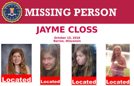 FILE PHOTO: A U.S. Federal Bureau of Investigation (FBI) missing person poster shows Jayme Closs, a 13-year-old Wisconsin girl, missing since her parents were discovered fatally shot three months ago, has been located in Gordon, Wisconsin, U.S. as seen in this poster provided Jan. 11, 2019. FBI/Handout via Reuters/File Photo