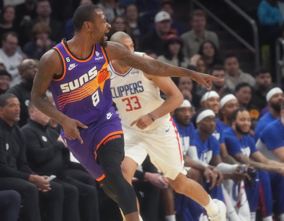 Feb 16, 2023; Phoenix, Arizona, USA; Phoenix Suns guard Terrence Ross (8) yells out to his teammates as he gets back on defense against the Los Angeles Clippers at Footprint Center. 