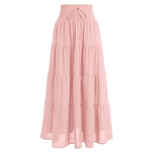 Women's Boho Elastic High Waist A Line Ruffle Swing Beach Convertible Maxi Skirt Tired Pleated Layers Front Drawstring Long Skirt Casual Flowy Midi Skirts Smocked Strapless Tube Top Dress Pink M