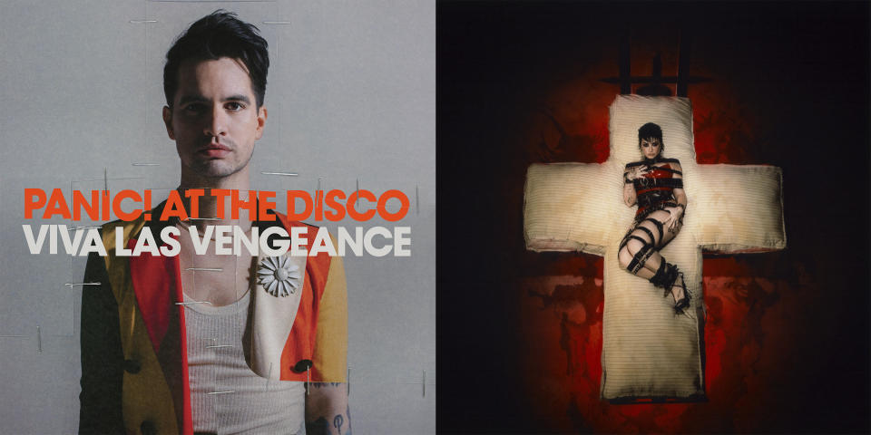 This combination photo shows album art for "Viva Las Vengeance" by Panic at the Disco, left, and the latest album by Demi Lovato. (Fueled by Ramen/DCD2 Records via AP, left, and Island Records via AP)