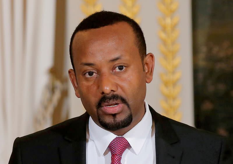 Ethiopian Prime Minister Abiy Ahmed speaks during a media conference at the Elysee Palace in Paris