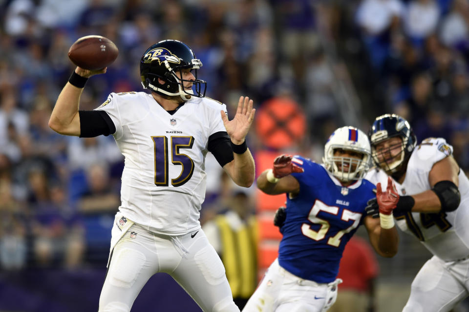 Baltimore Ravens quarterback Ryan Mallett (15) throws to a receiver in the first half of a preseason NFL football game against the Buffalo Bills, Saturday, Aug. 26, 2017, in Baltimore. (AP Photo/Gail Burton)