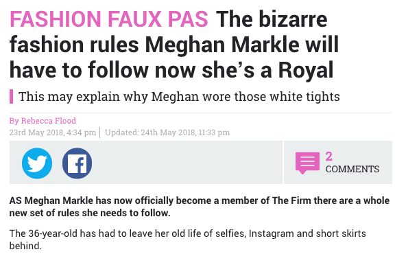 An article in The Sun, one of many, which states Meghan has now been banned from having bare legs and colourful nail varnish