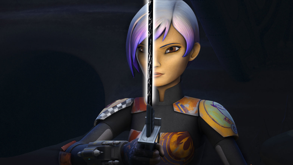 Sabine holds the Darksaber in front of her face in The Mandalorian